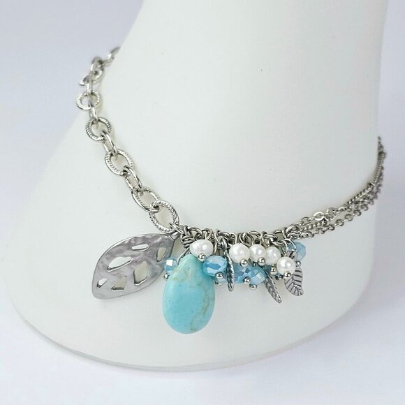 Silver Leaf Charm Bracelet With Turquoise Blue Stone And Beaded Accents NWT - Picture 2 of 12